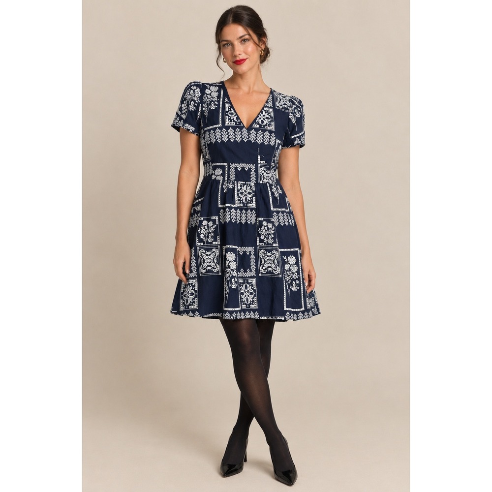 NWOT GREYLIN Mini Dress Sz S Blue White Embroidered Boho Chic Cocktail Wedding